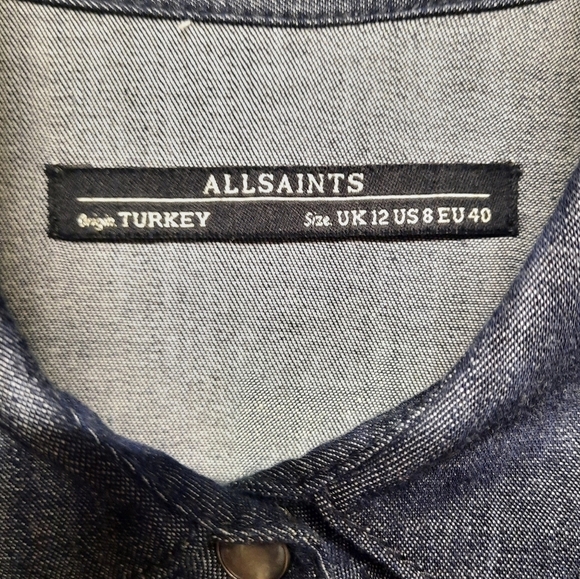 All Saints Women's Trente Denim Button Up Shirt Mesh Sheer Blue Size 8 - Picture 5 of 7